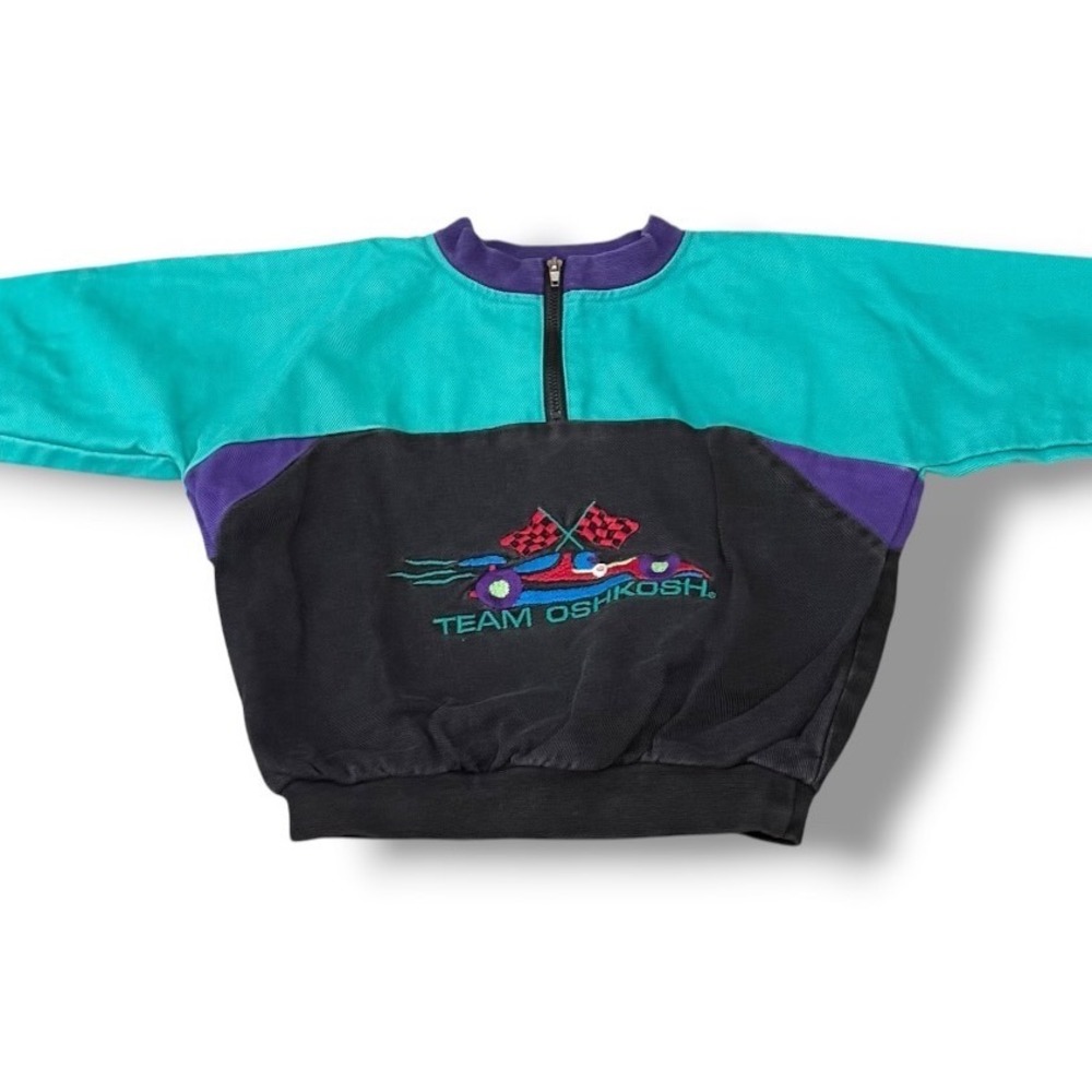 OshKosh Vintage Quarter Zip 4T Race car Sweatshirt Colorblock Racing 90s USA